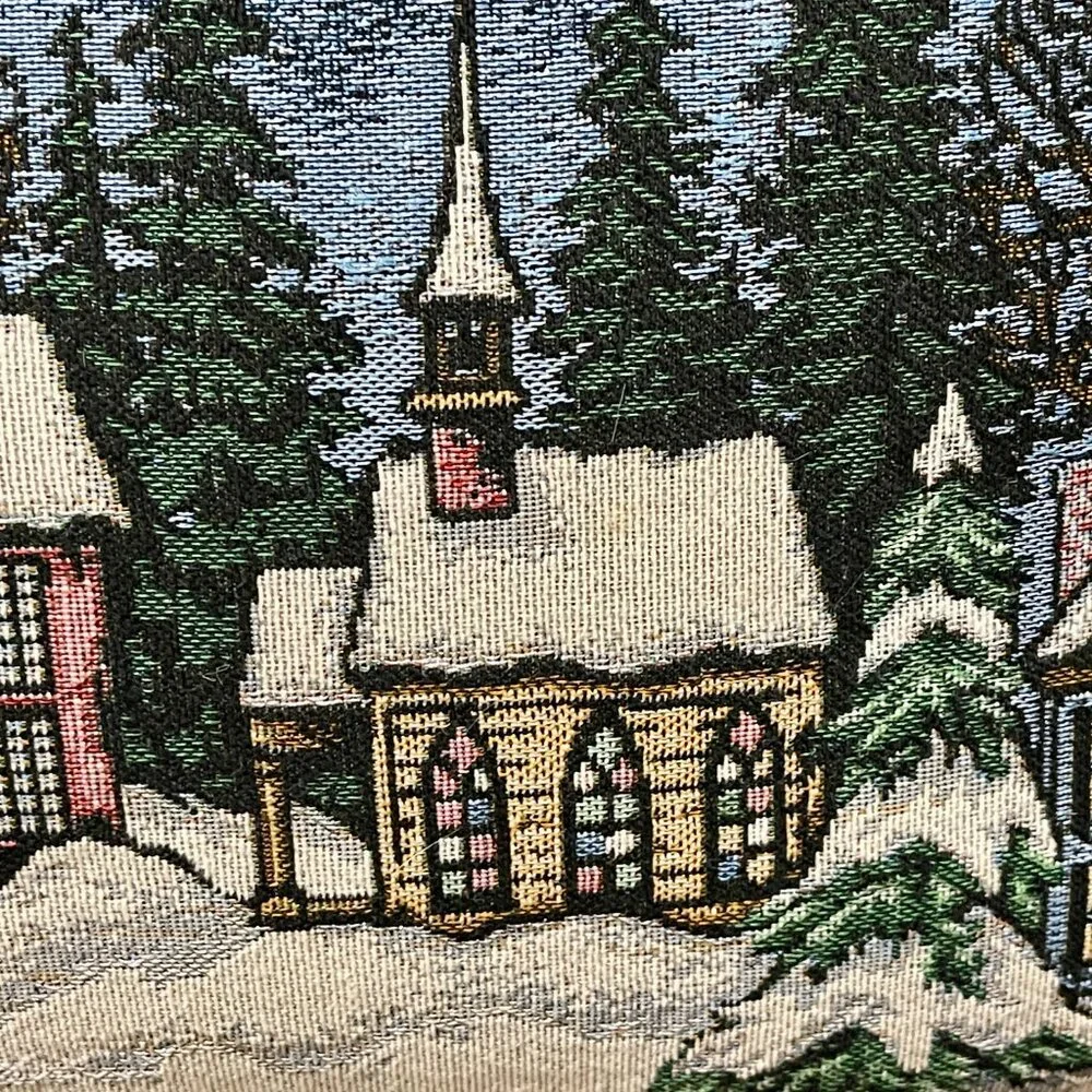 Winter Christmas Pillow Rectangle Church Village Blue Silver Holiday